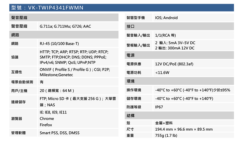 4MP Lite AI紅外線定焦網路攝影機VK-TWIP4341FWMN-2