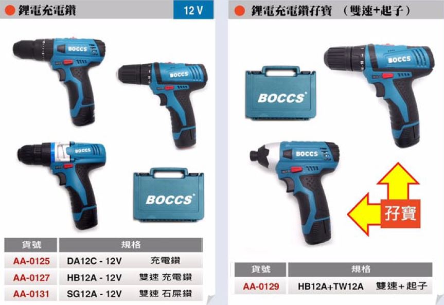 勃克斯(BOCCS) 鋰電電動工具系列 - 勃克斯(BOCCS) SG12A 充電式雙速石屎鑽 鑽牆電批 / 勃克斯(BOCCS) HB12A+TW12A 充電鑽孖寶 孖批組合