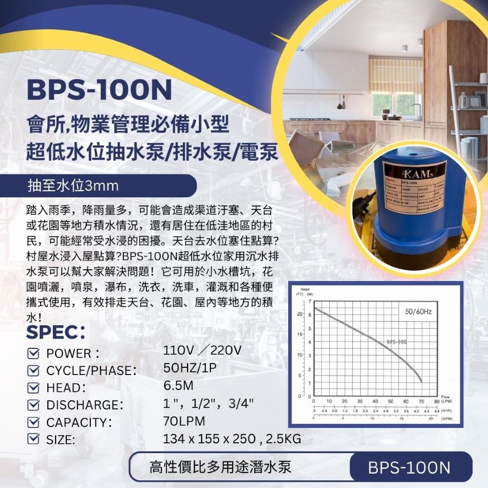 KAMs超低水位抽水泵-BPS-100N-水浸救星-會所物管必備小型抽水泵-低水位家用排水泵-電泵-Water-pump-香港水泵代理