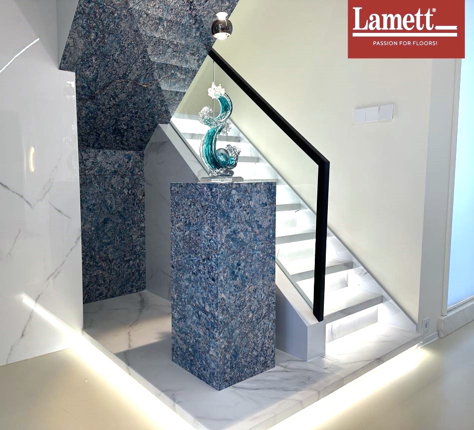 Lamett樂邁藍色雲石紋牆板-不重覆花紋-環保石塑地板-枱面2